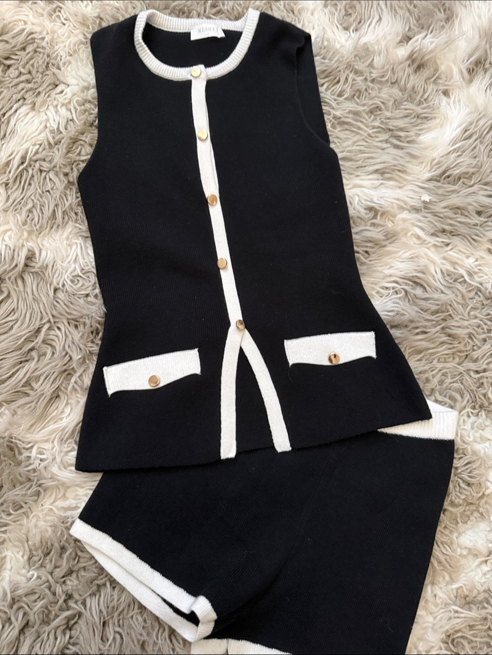 Meshki Black and White Knit Cardigan Set with Gold Accent